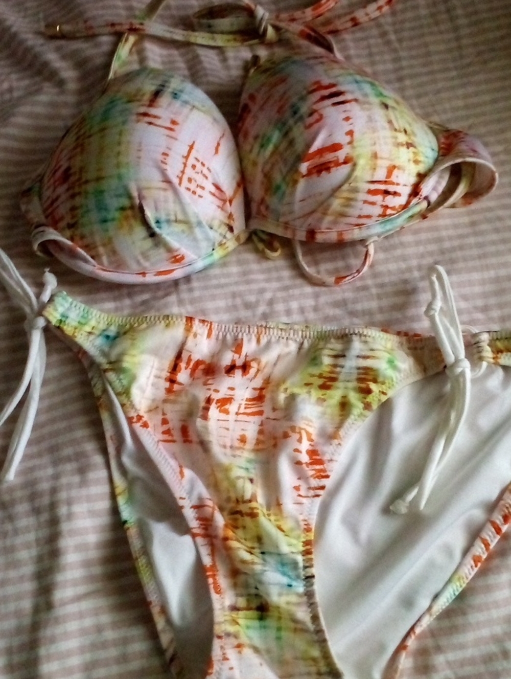 Victoria's Secret White Bikini with Orange, Green and Blue Accents 34D M Bottom